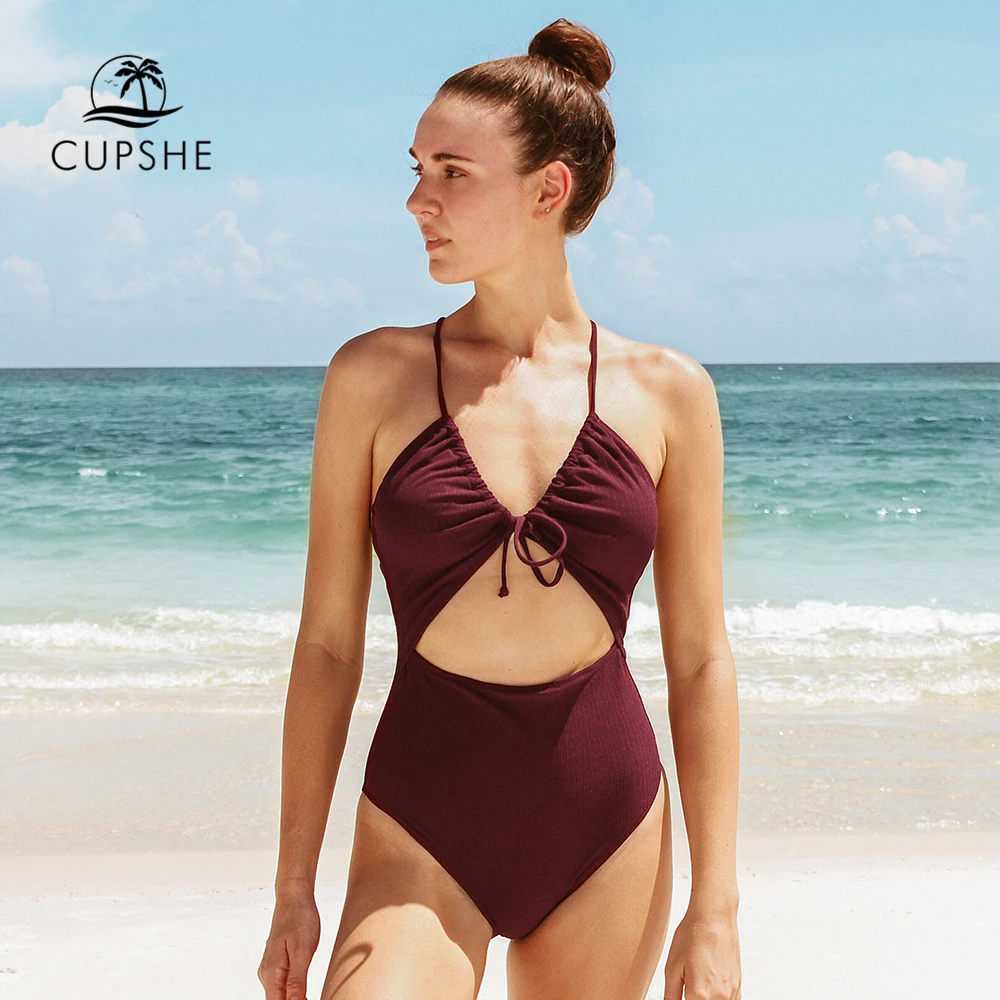 CUPSHE Сплошной Красный/Зеленый Цельный купальник с завязками спереди и вырезом