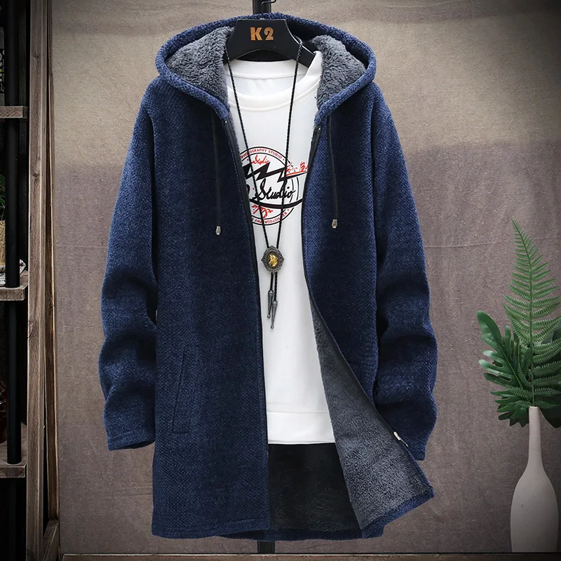 Autumn/winter long coat fleece heavy wool sweater hoodie pullover zipper cardigan sweater men's fashion jacket