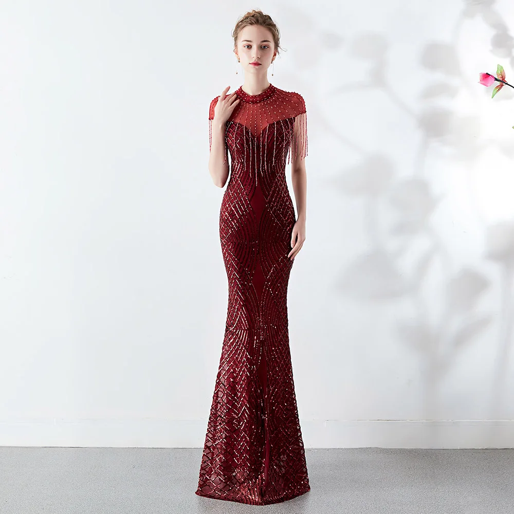

Ladies Sequined Evening Dress Sexy Illusion Backless Beaded Slim Fit Robe De Soiree Evening Dresses For Women Mermaid Dress