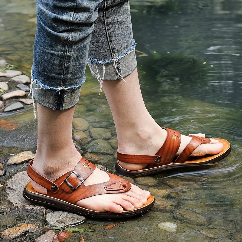 Мужские летние шлепанцы из натуральной кожи пляжные сандалии повседневная обувь