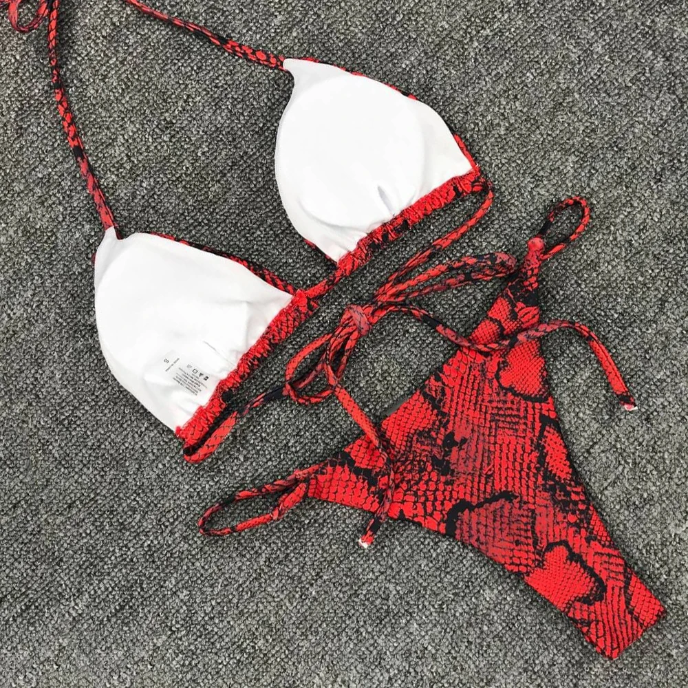 Женский купальник пуш ап бикини из змеиной кожи сексуальные стринги бандажный с