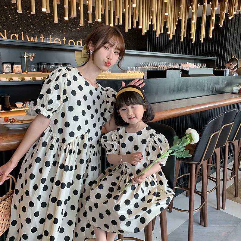 

Summer New Mom Daughter Princess Dress Family Matching Clothes Dot Print Short Sleeve Dress Fashion Loose Dresses