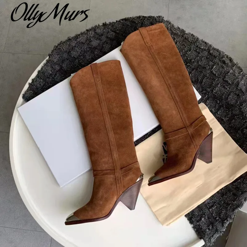 

Ollymurs 2021 new fashion brand metal pointed high heel high boots, leather women's boots thick heel luxury high boots women's