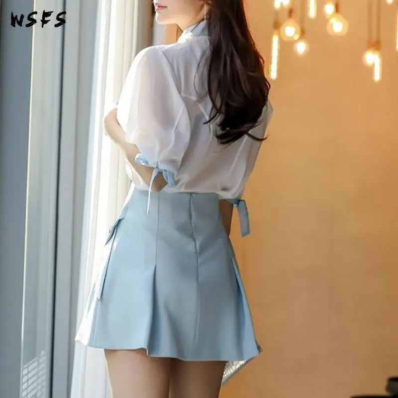 

2 Piece Set Summer Dresses Chiffon Shirt Tops Bandage Bodycon Women Dress Mini Blue Skirt Elegant Office Bow Sexy Party Clothes