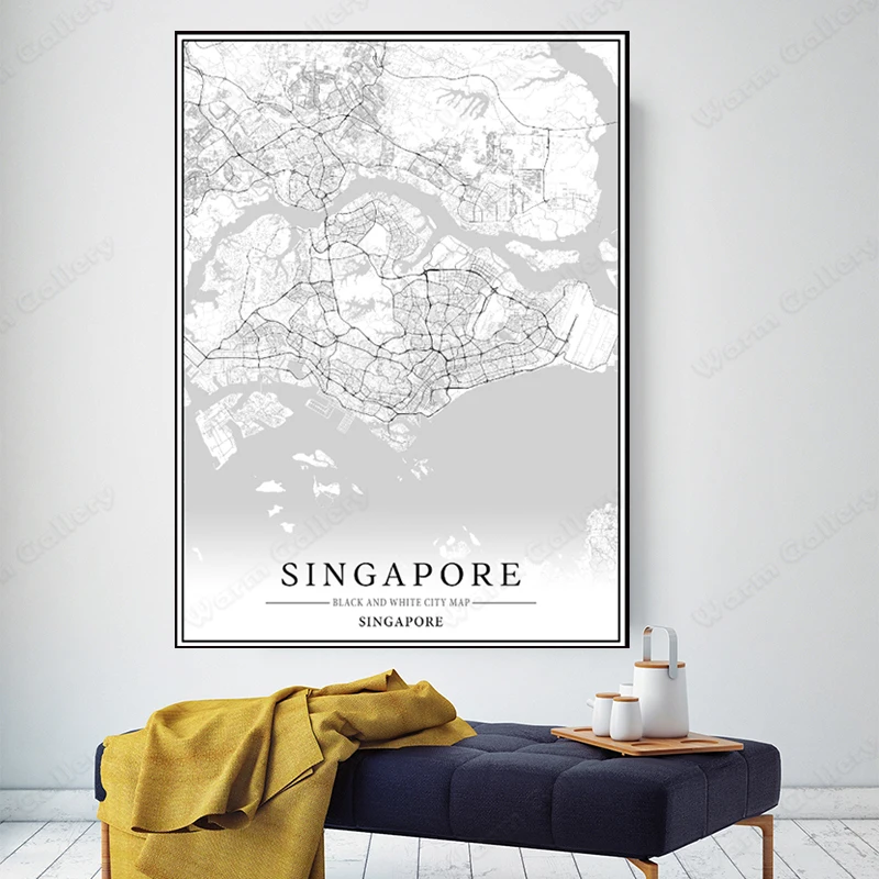 Черно-белая карта города Карта Сингапура плакат HD печать настенное искусство