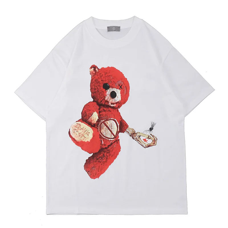 

High Street Cartoon Anime TS Co-branded Chest Bear Printed Short-sleeved T-shirt Male Men Clothing Oversized T Shirt