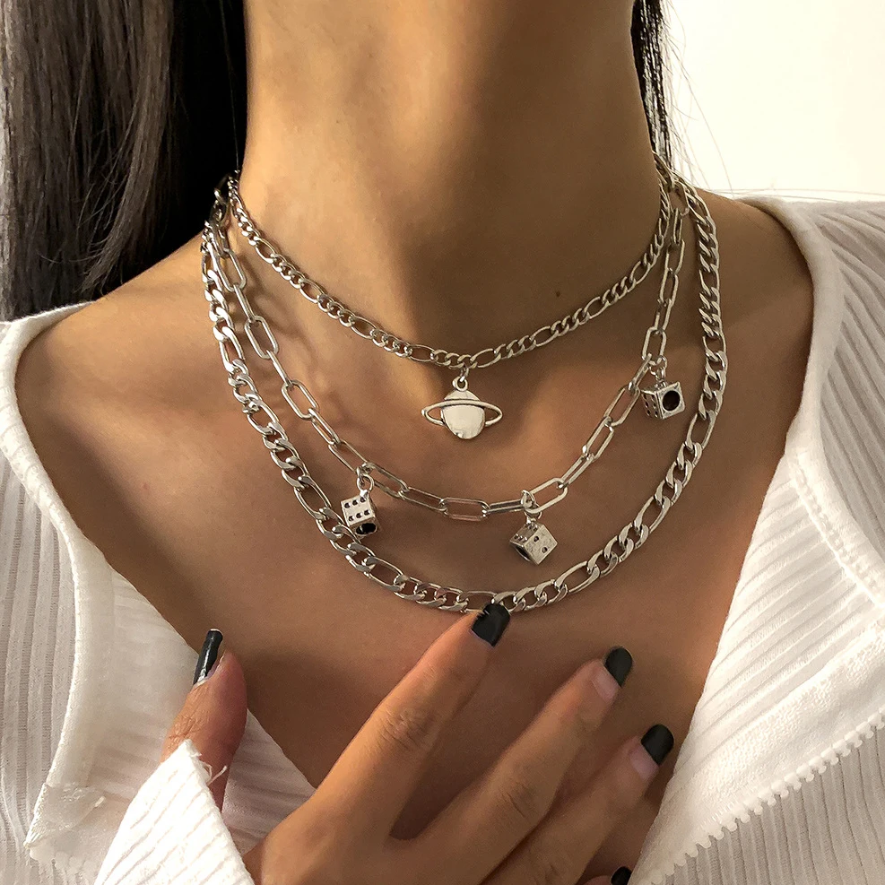 

3Pcs Layered Goth Dice Pedants Necklace Set Silver Color Goth Chain on the Neck Men Choker Necklace for Women Jewelry Gift Charm