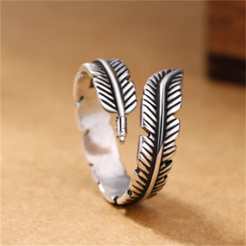 

Creative retro feather open ring European and American ladies Thai silver antique jewelry Wholesale