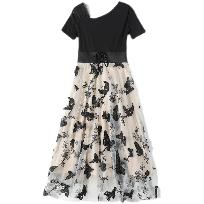 

two dresses in the summer of 2021 the new women's cotton stitching net yarn embroidery dress tide of Rome