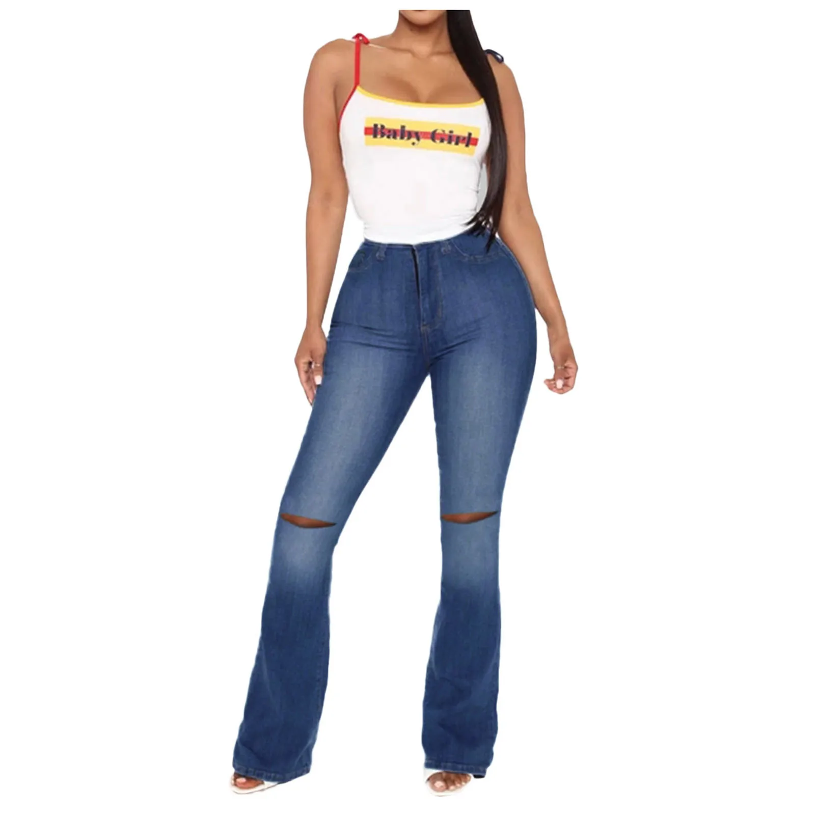 

Ladies high-waist slim-fit ripped denim micro-flared trousers Women's High Waist Slim Hole Burr Denim Micro Trumpet Pants
