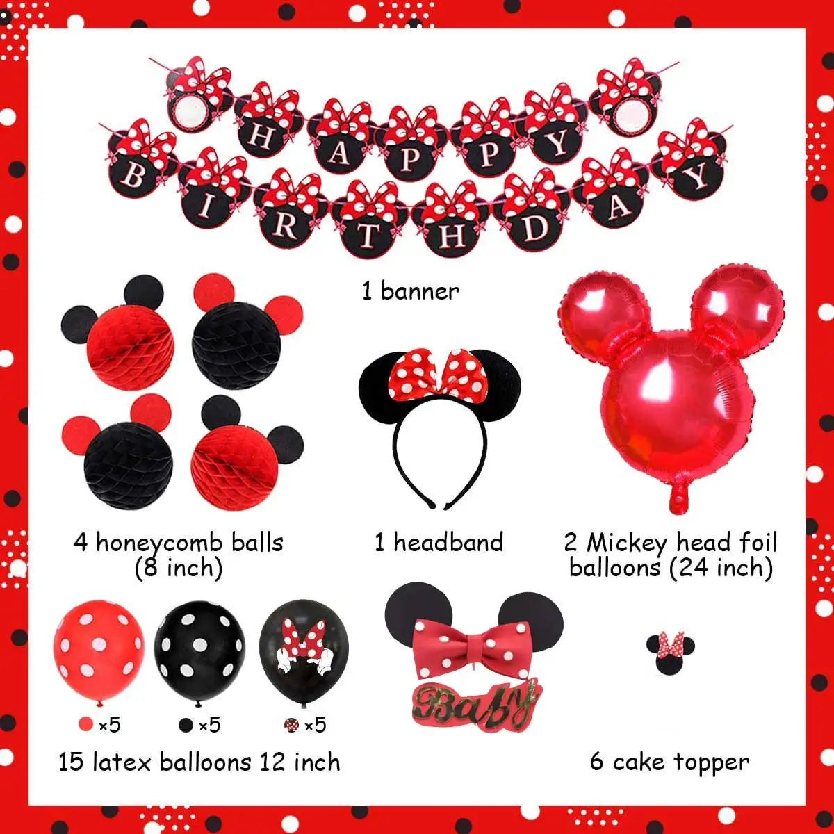 Черно-красный воздушный шар в виде Минни украшение на день рождения баннер уши