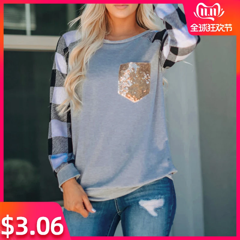 Женские Сезон весна осень Футболка с карманом джемпер круглым вырезом и длинными
