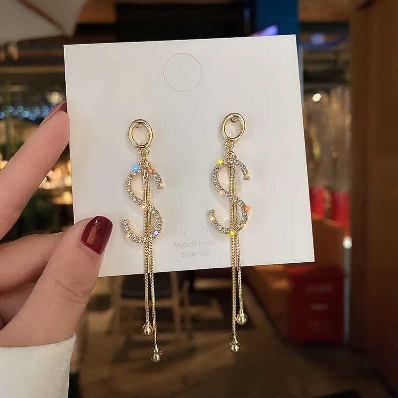 

Luxury earring S Letter tassel Earrings Imitation Pearl Crystal Alphabet Brand Ear Studs Bar Long Thread Earring for Women