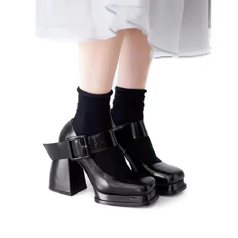 

2021 Spring Women's Shoes Black Square Toe High Heels Mary Janes Leather Y2k Platform Pumps Shoes Retro Belt Buckle Lolita Shoes