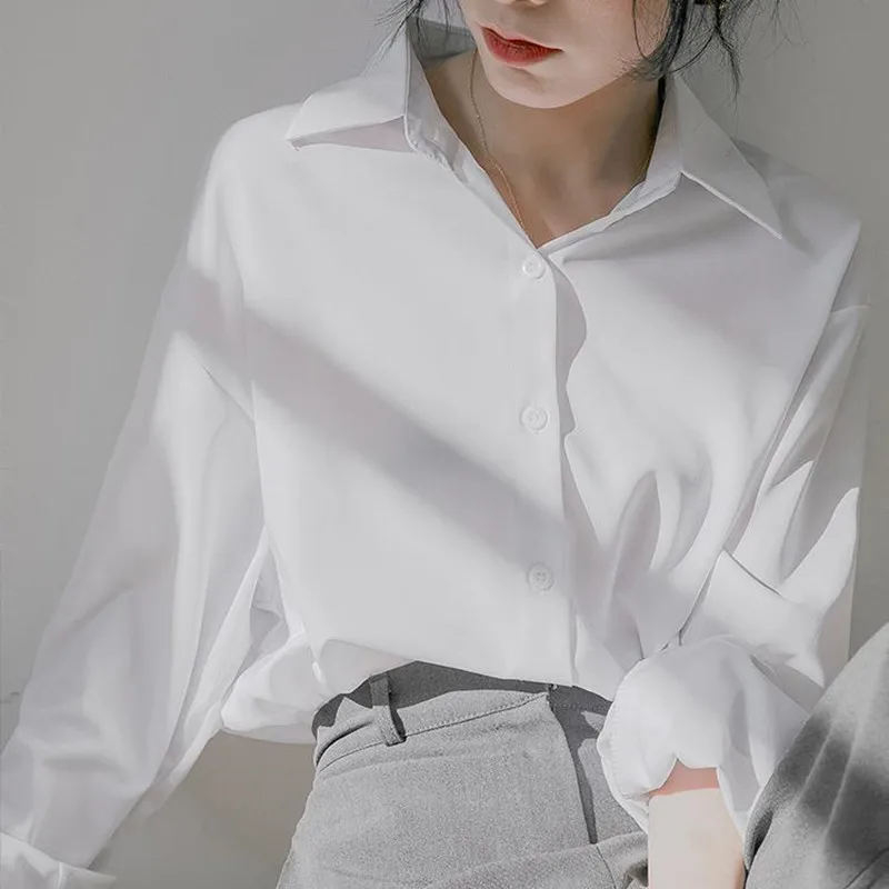 

2021 New Spring Autumn OL Elegant Minimalist Solid Basic Suit Shirt Women Chiffon Blouses Loose Lapel Long Sleeve Tops