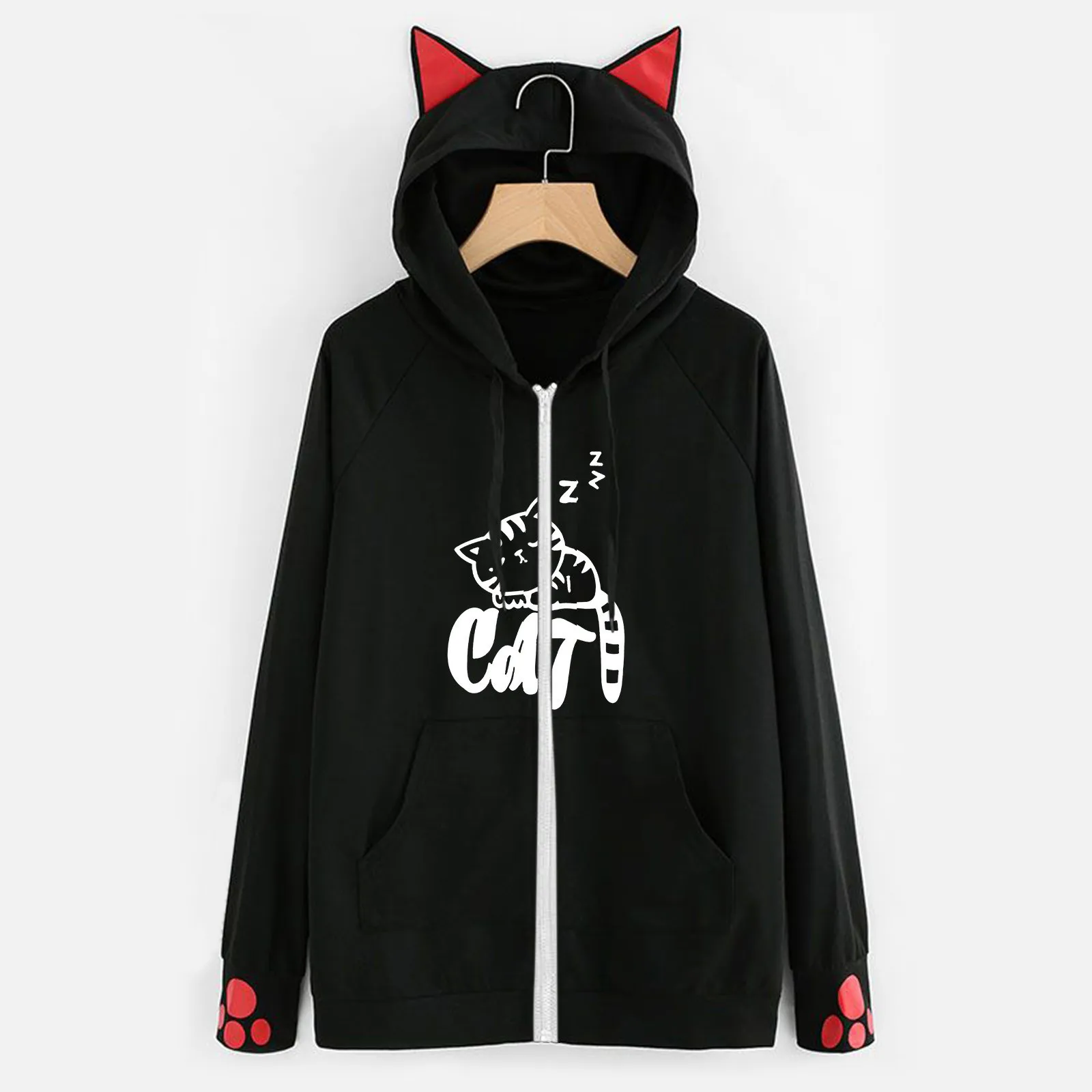 

Женская толстовка с капюшоном, Повседневная Толстовка с принтом кота, куртка с длинным рукавом и карманами на молнии, пальто, толстовки с ка...