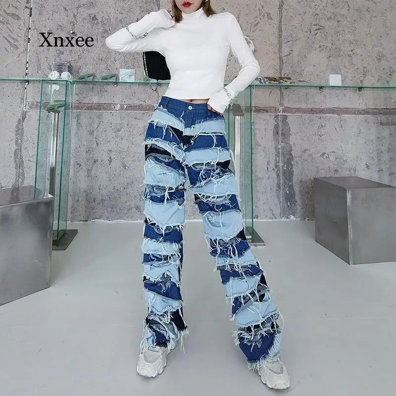 

Tassel Hollow Out Jeans Women High Waist Straight Trousers Ladies 2021 Spring New Vintage Loose Denim Pants Lady Clothing