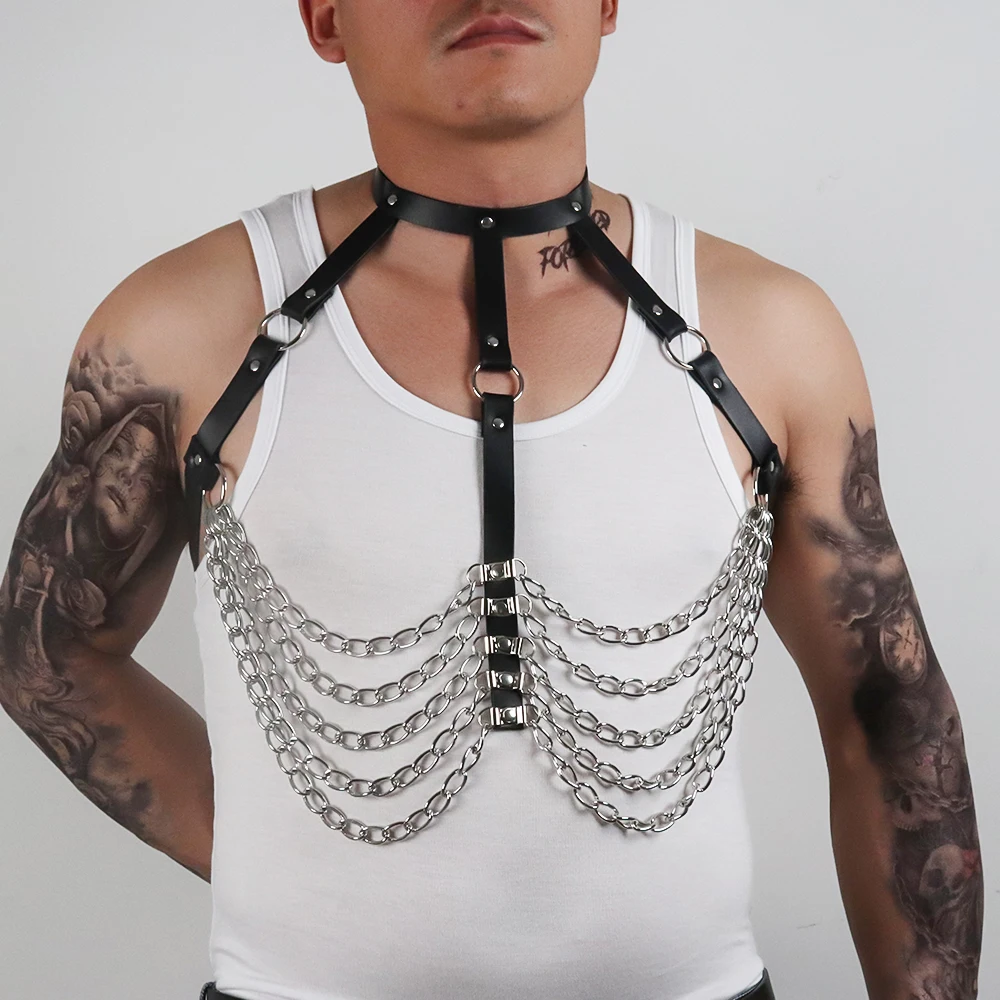 

Pu Leather Rivets Metal O Rings Chest Chain Harness Belts Men Body Bondage Straps Goth Punk Adjustable Suspenders Accessories