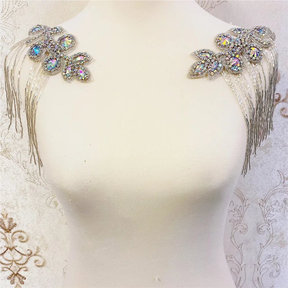 2pcs Details of wedding party rhinestone crystal shoulder pad applique with fringe | Дом и сад