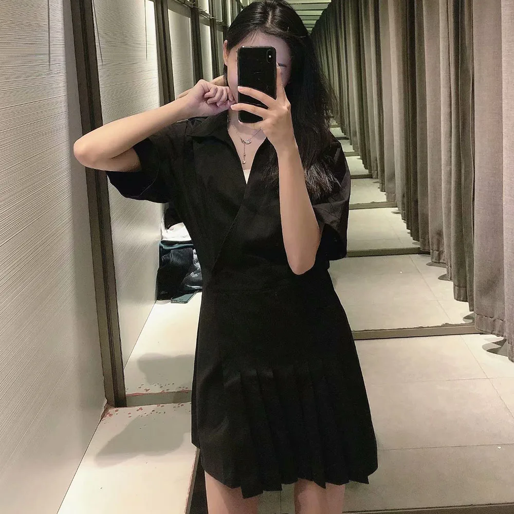 

Ladies dress 2021 spring new black retro casual V-neck short-sleeved high-waisted poplin double-breasted dress