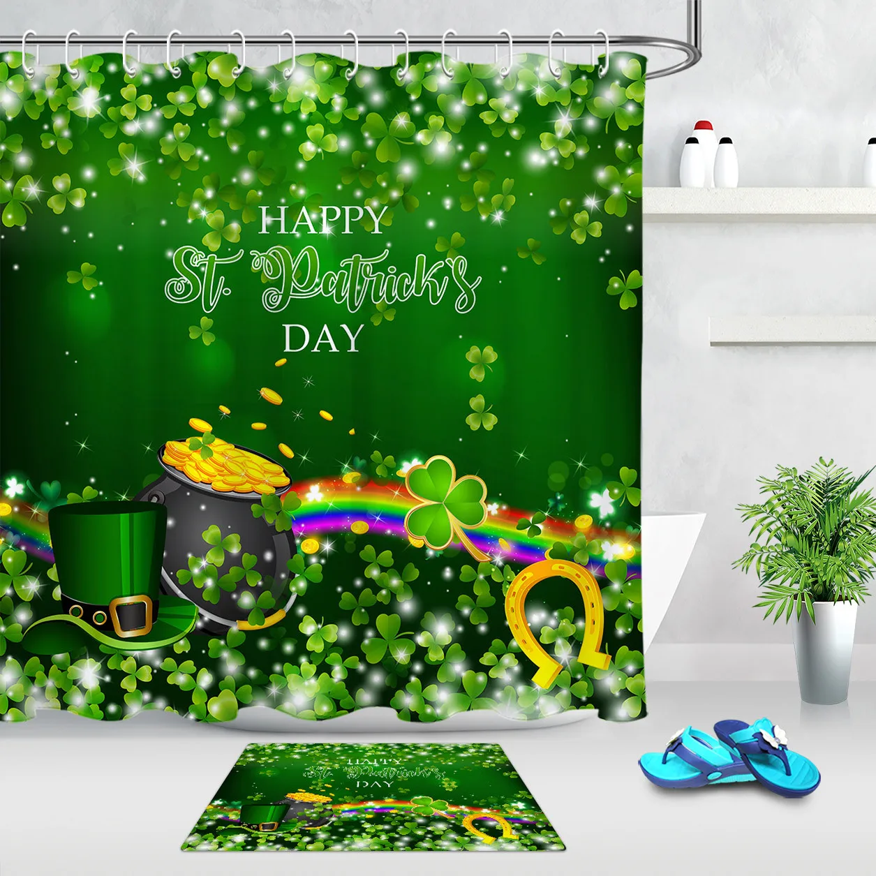 Занавеска для душа День Святого Патрика с крючками из полиэстера золотым