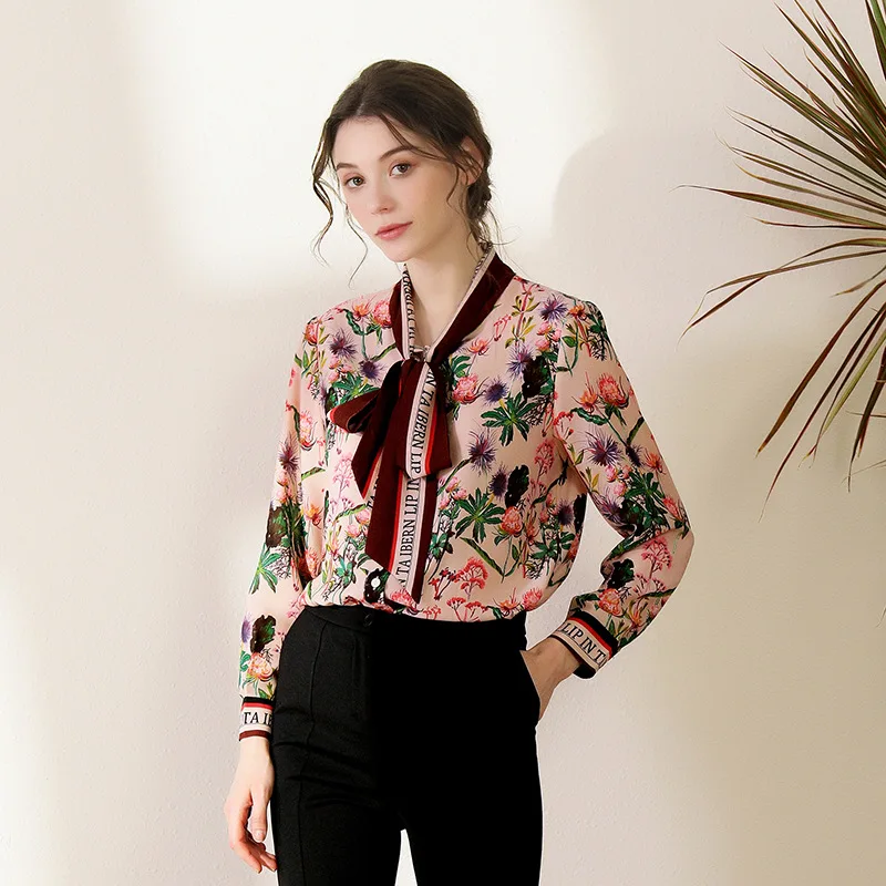 

Long Sleeve Blouse Ladies Tops Printed Flowers Shirt Office Lady Shirt Women Tops Shirts Feminine Noble Temperament Blouse