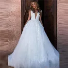 Женское модное свадебное платье с открытыми плечами и кружевной аппликацией, свадебные платья с V-образным вырезом на спине, фатиновые Свадебные платья на заказ, весна