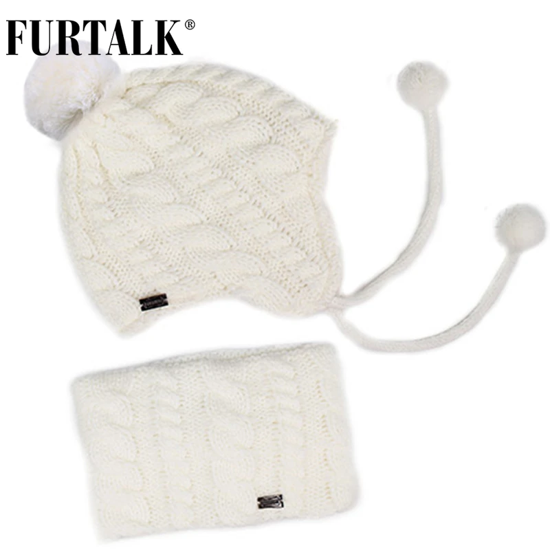 FURTALK, детская зимняя шапка с помпоном, комплект с шарфом для девочек и мальчиков, детская трикотажная шапка, мягкая теплая шапка с помпонами и ушками, Милая зимняя детская шапка