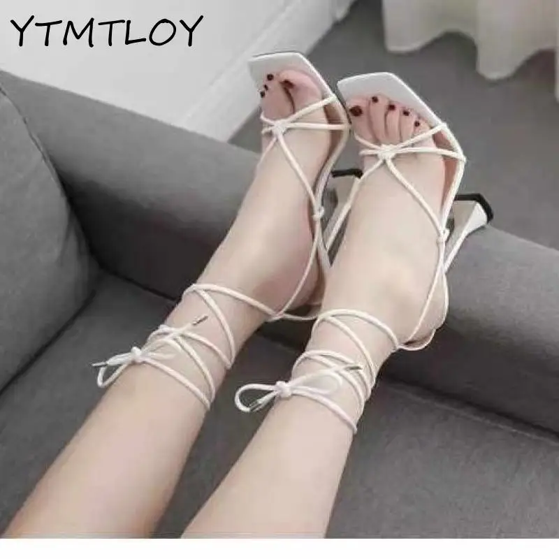 Summer Women's Shoes Sandals Basic Pu Fashion Cross-tied Spike High Heels Lace Party Pump Size 35-43 Black White Apricot | Обувь