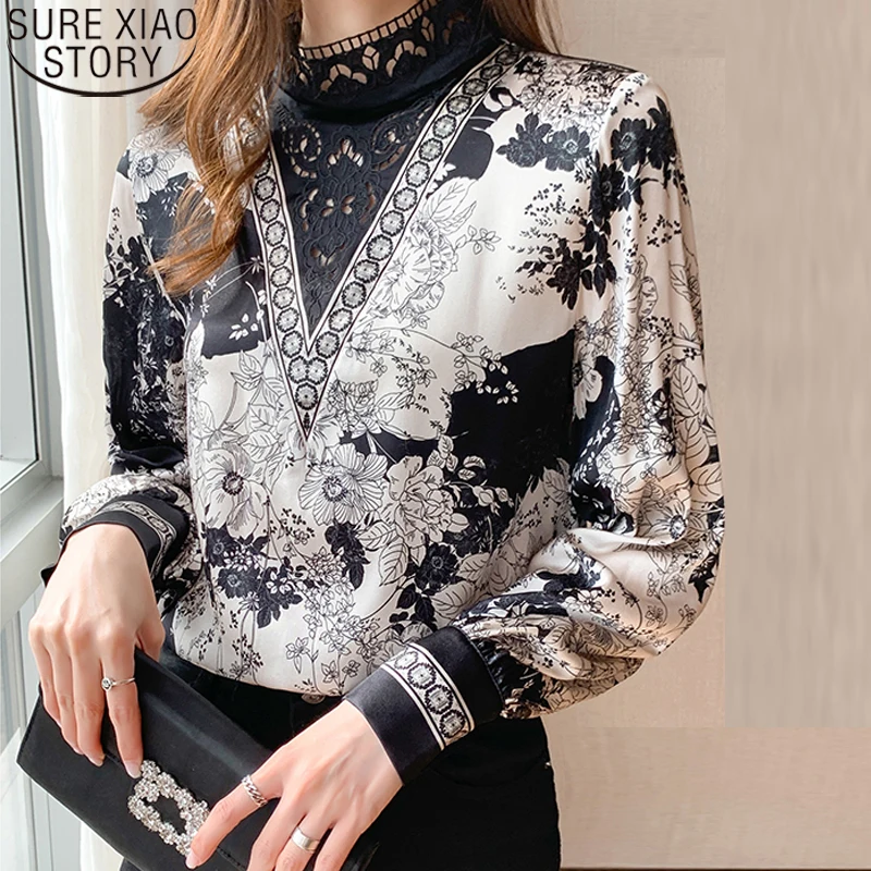 

Женская блузка с длинным рукавом, шелковая блузка с вышивкой и воротником-стойкой, свободная, осенняя, 16109