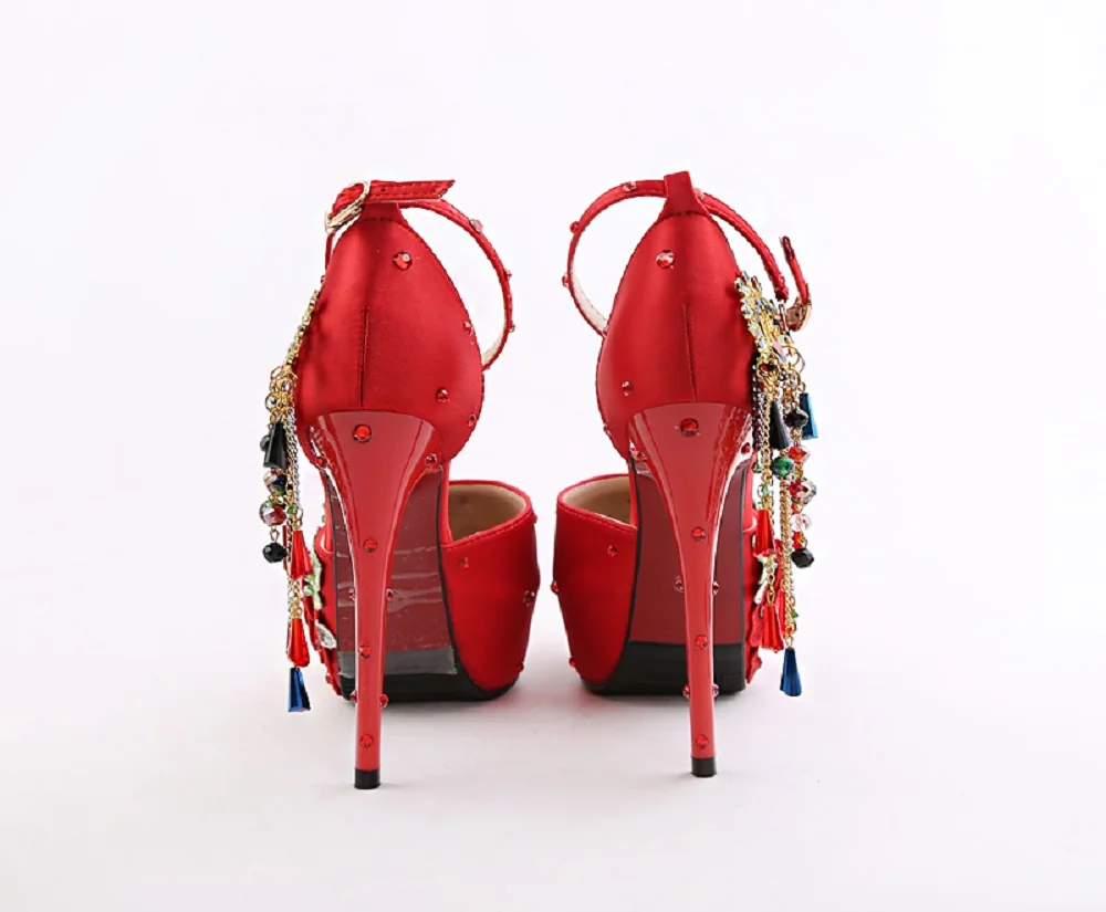Женские свадебные туфли с бахромой красные летние на высоком каблуке|Женские