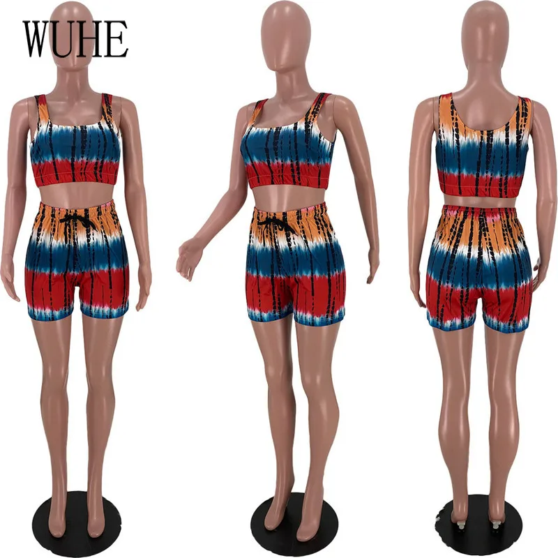 

WUHE Streetwear Outfits Hollow Out Tie Dye Print Square Collar Sleeveless Tanks Top Drawstring Lace Up Short Pants Casual 2 Sets