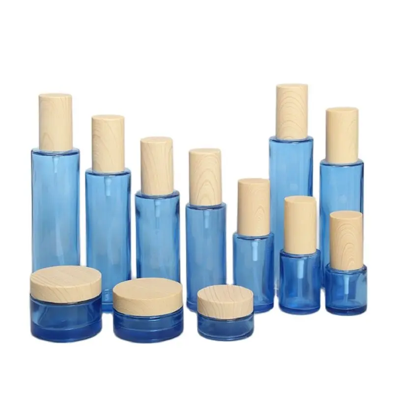 

120ml Blue Glass Cosmetic Containers Bottle 30G Cream Jar 80ml Spray Bottle Emulsion Lotion Pump 20g 50g 30ml 40ml 60ml 100ml