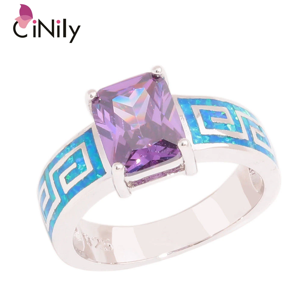 

CiNily Blue Fire Opal Finger Rings Silver Plated Large Square Purple CZ Crystal Stone Vintage Ethnic Tribe Jewelry Woman Man
