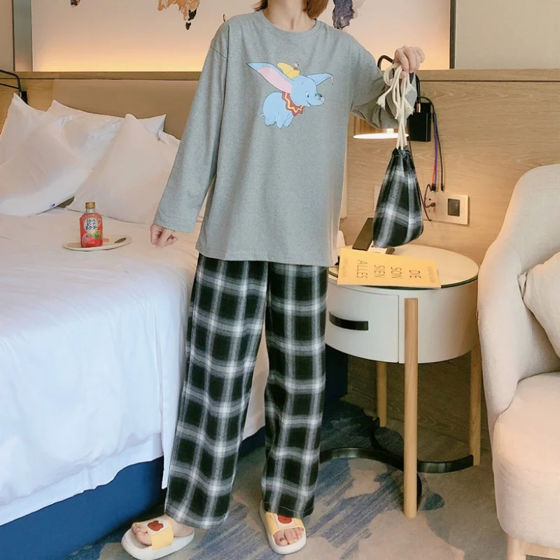 Disney Dumbo Pajamas Plus Size Loose 2 Piece Set Pijama Mujer Long Sleeve Top and Plaid Pants Sleepwear Autumn Winter 2021 New