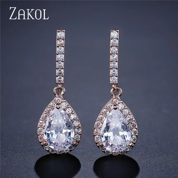 Rose Gold Color ZAKOL вечность большие каплевидные серьги с кубическим цирконием, микро инкрустация, висячие серьги с блестящей розово-золотой расцветкой для девушек, вечерние серьги FSEP086 - Окраска металла: Rose Gold Color