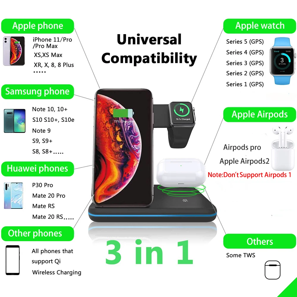 15w fast qi wireless charger stand for samsung s10 s9 iphone 11 xs xr x 8 10w 3 in 1 charging dock for apple watch 5 4 3 airpods free global shipping