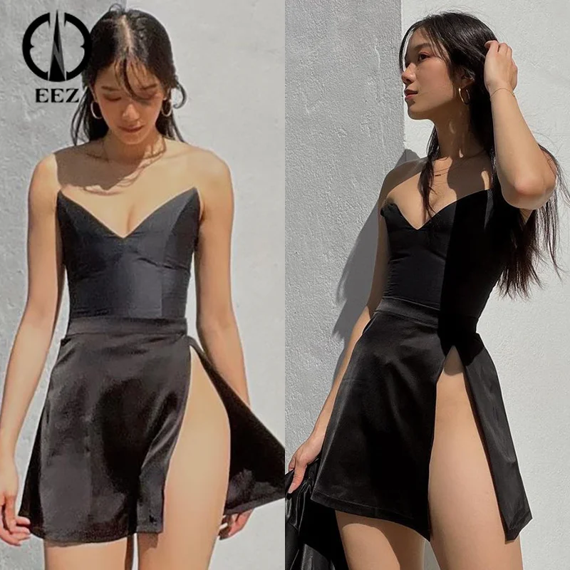 

Мини сексуальное черное атласное платье, женское летнее однотонное мини-платье макси с высоким разрезом сбоку, элегантный вечерний сарафан...