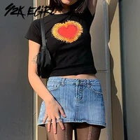 y2k egirl vintage o neck short sleeve y2k crop tops 90s streetwear heart pattern black t shirts sweet kawaii outfits fashion