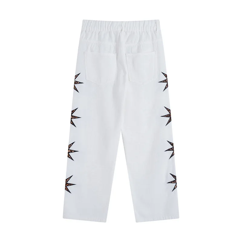 

SEVEYFAN Hi Street Men's Fashion Pentagram Letters Embroidery Jeans Hip Hop White Stretch Pants for Male
