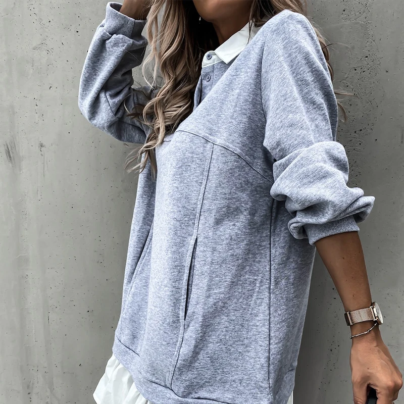 

Autumn Winter Women Turn-Down Collar Loose Sweatshirt Dress Long Sleeve Pleated Shirt Dress Female Casual Patchwork Dress
