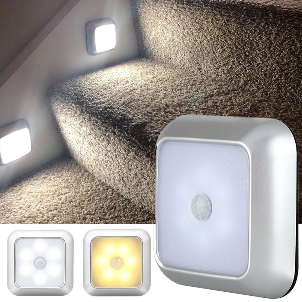 Square 6 LEDs Motion Sensor Light PIR Cabinet Closet Stairs Lamp Night Lamps Battery Powered Wireless Detector Home Kitchen