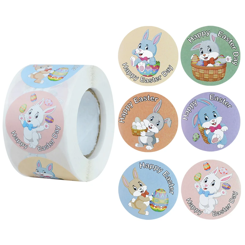 

500Pcs Happy Easter Stickers Cake Baking Rabbit Eggs Seal Round Adhesive Sticker Labels Easter Party Gift Bag Box Envelope Decor