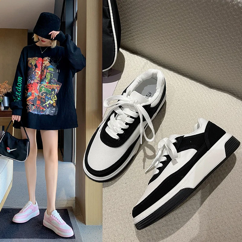

Black and white panda women's shoes 2021 color matching platform white shoes casual sports trend board shoes women