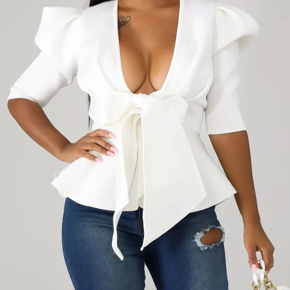 Сексуальная Блузка с рюшами женская мода африканская Повседневная офисная белая