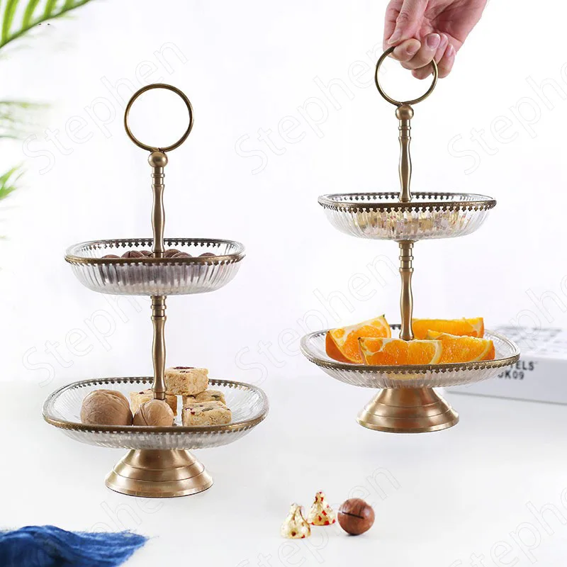 

Double-layer Crystal Glass Fruit Bowl American Vintage Afternoon Tea Cake Stand Classical Brass Dessert Snacks Plates Home Decor