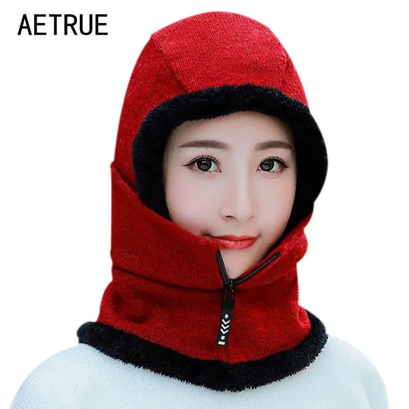 Skullies Beanies женская вязаная шапка шарф женские зимние шапки для женщин капот однотонная Балаклава маска Feminino Beanie Hat cap