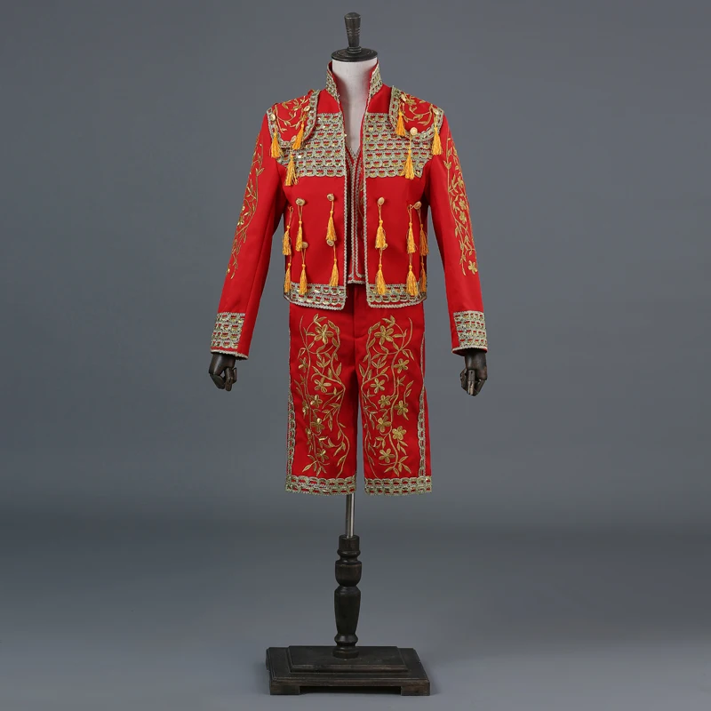 Fashion men's court suit Spanish bullfighting suit high collar Chinese style 3 piece stage singer costume(suit coat+Pants+Vest
