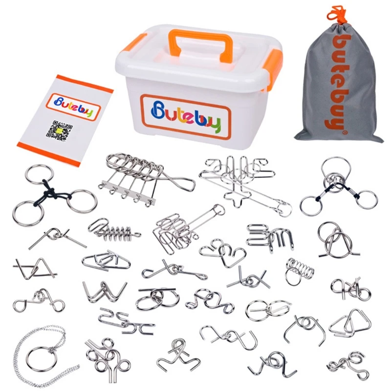 

Butebuy 30 Pcs Metal Wire Puzzle Set IQ Mind Brain Teaser Link Unlock Interlock Game Gifts for Kids Eeducational Toy