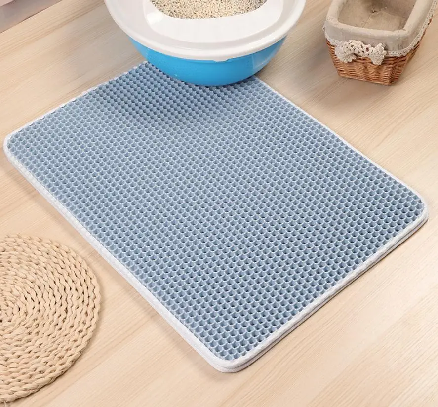 Blue Двухслойный подстилка коврик для домашних животных кошка песок кошка туалет коврик Trapper складной EVA Нескользящие коврики кошки водонепроницаемые коврики для домашних животных кошек - Color: Blue